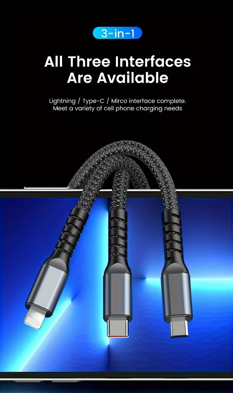 3-in-1 100W/120W Super Fast Charging Cable – Transparent Liquid Silicone Universal Data Cable with Type-C, Micro USB & iOS Connectors