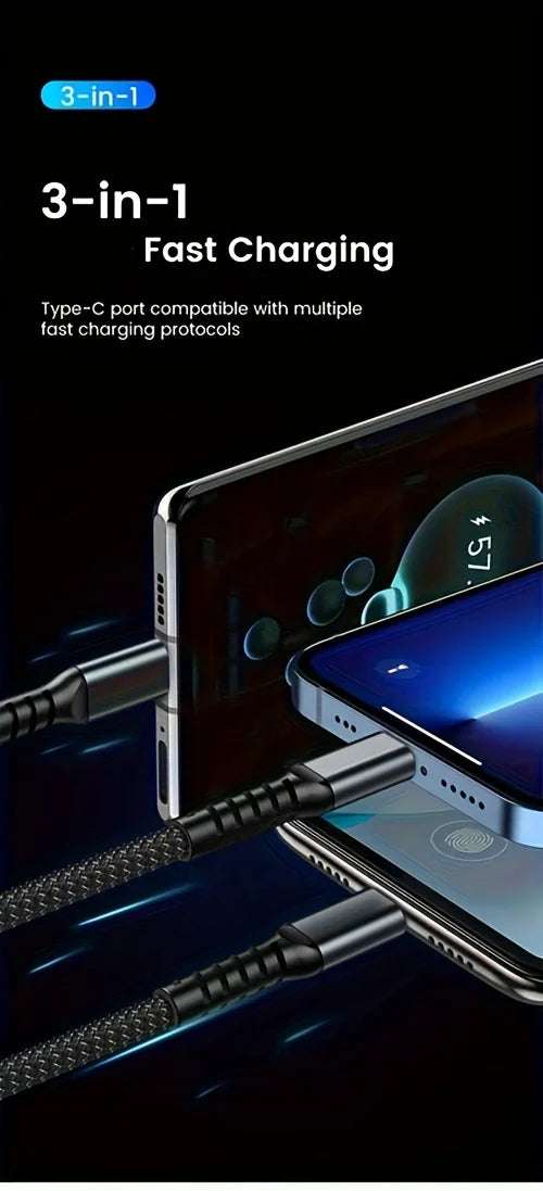 3-in-1 100W/120W Super Fast Charging Cable – Transparent Liquid Silicone Universal Data Cable with Type-C, Micro USB & iOS Connectors
