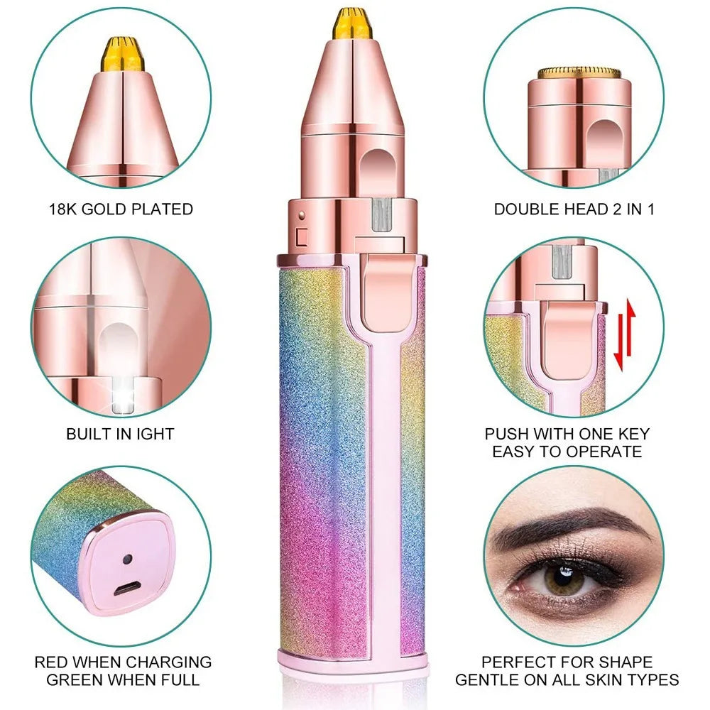 2-in-1 Rechargeable Eyebrow Trimmer & Facial Hair Remover – Painless Precision Electric Shaver with LED Light, Comb Attachment & Portable Design for Women’s Face, Lips & Chin