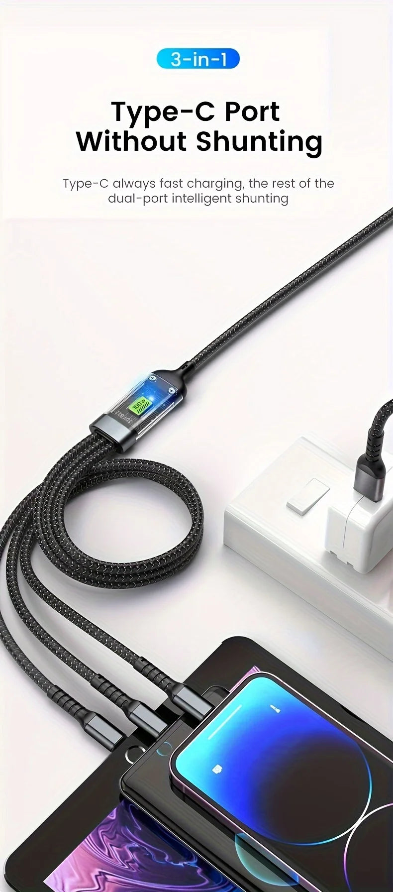 3-in-1 100W/120W Super Fast Charging Cable – Transparent Liquid Silicone Universal Data Cable with Type-C, Micro USB & iOS Connectors