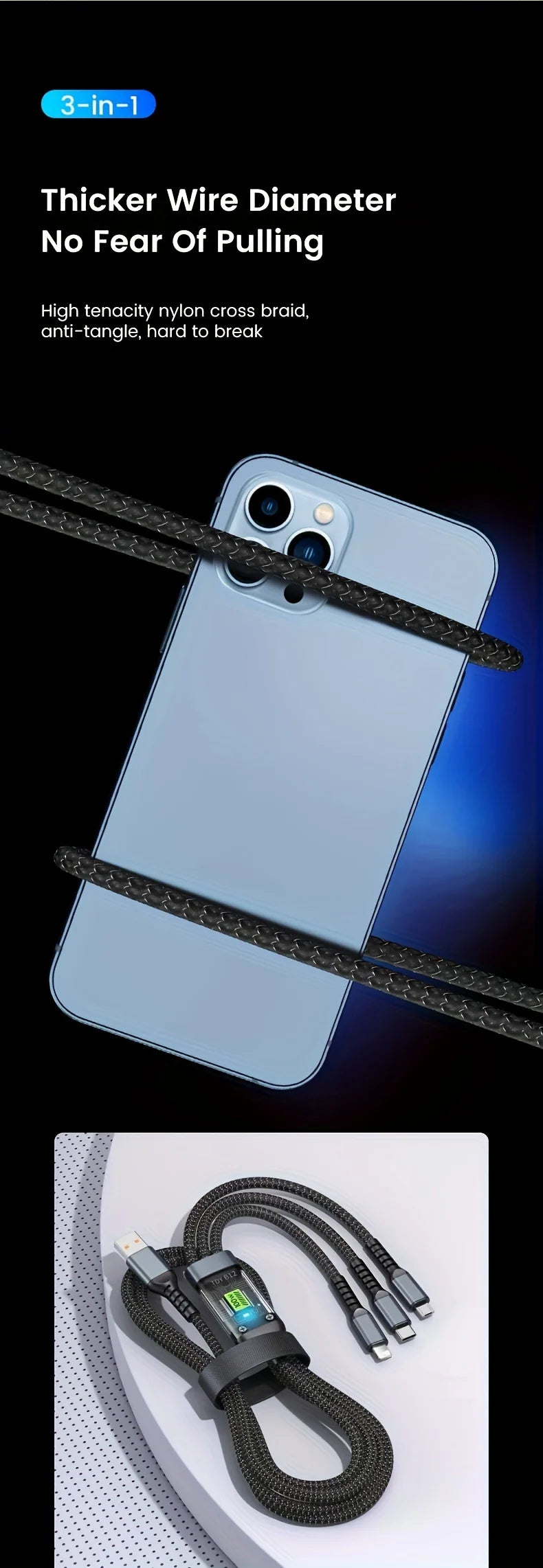 3-in-1 100W/120W Super Fast Charging Cable – Transparent Liquid Silicone Universal Data Cable with Type-C, Micro USB & iOS Connectors