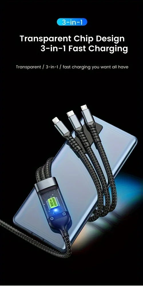 3-in-1 100W/120W Super Fast Charging Cable – Transparent Liquid Silicone Universal Data Cable with Type-C, Micro USB & iOS Connectors